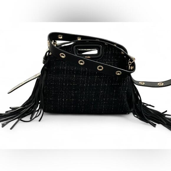 NWT MAJE Black Gold Metallic Tweed Crossbody Shoulder Bag Purse Leather Tassel - Picture 3 of 10